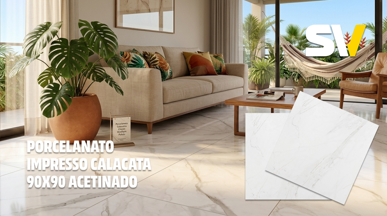 Sala de estar com piso de porcelanato de impressão calacata revestido com porcela, com uma grande planta em umacerâmica, sofá bege com almofadas coloridas, e uma poltrona de madeira. Janelas grandes com vista para um espaço ao ar livre com plantas e uma rede. Logo Sv no canto superior direito. Texto na parte inferior esquerda: Porcelanato Impresso Calacata 90x90 Acetinado.