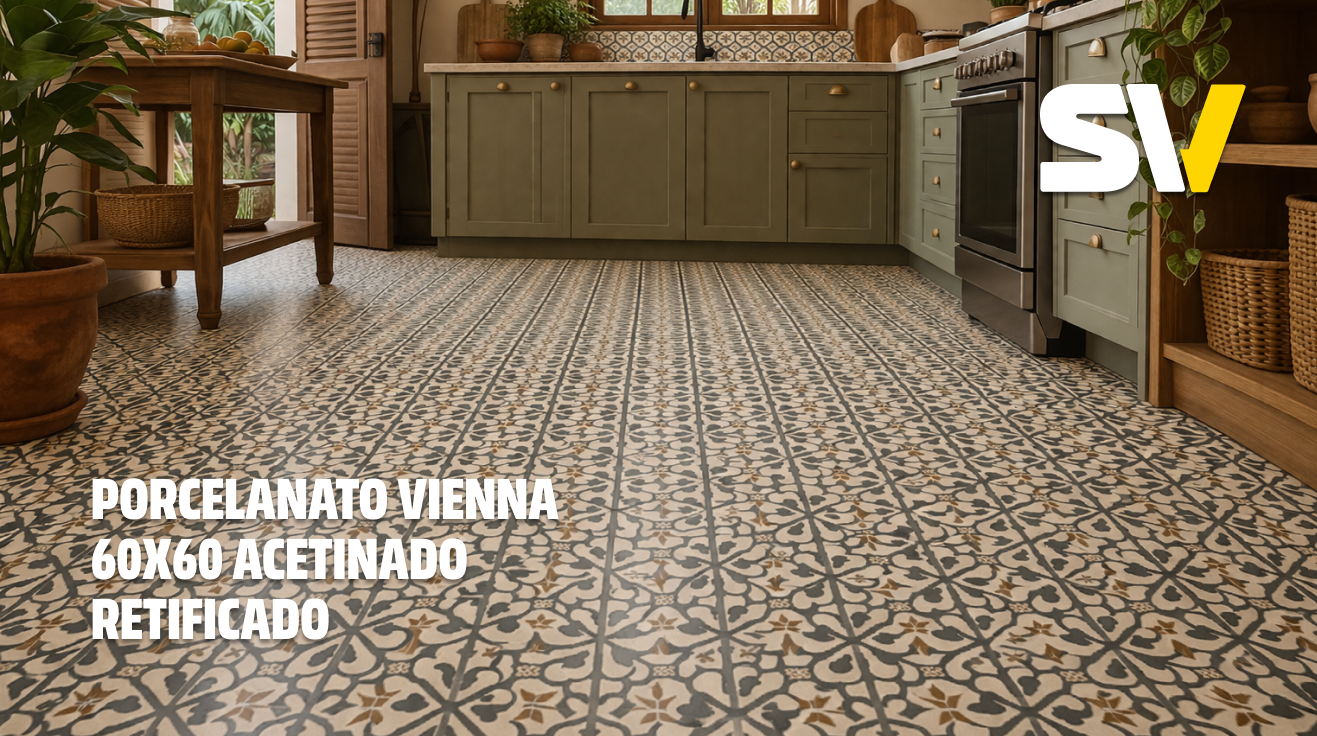 Cozinha com piso de porcelanato Viena, padrão retificado, em tamanho 60x60 cm, com design de azulejos decorativos em preto, branco, bege e dourado.