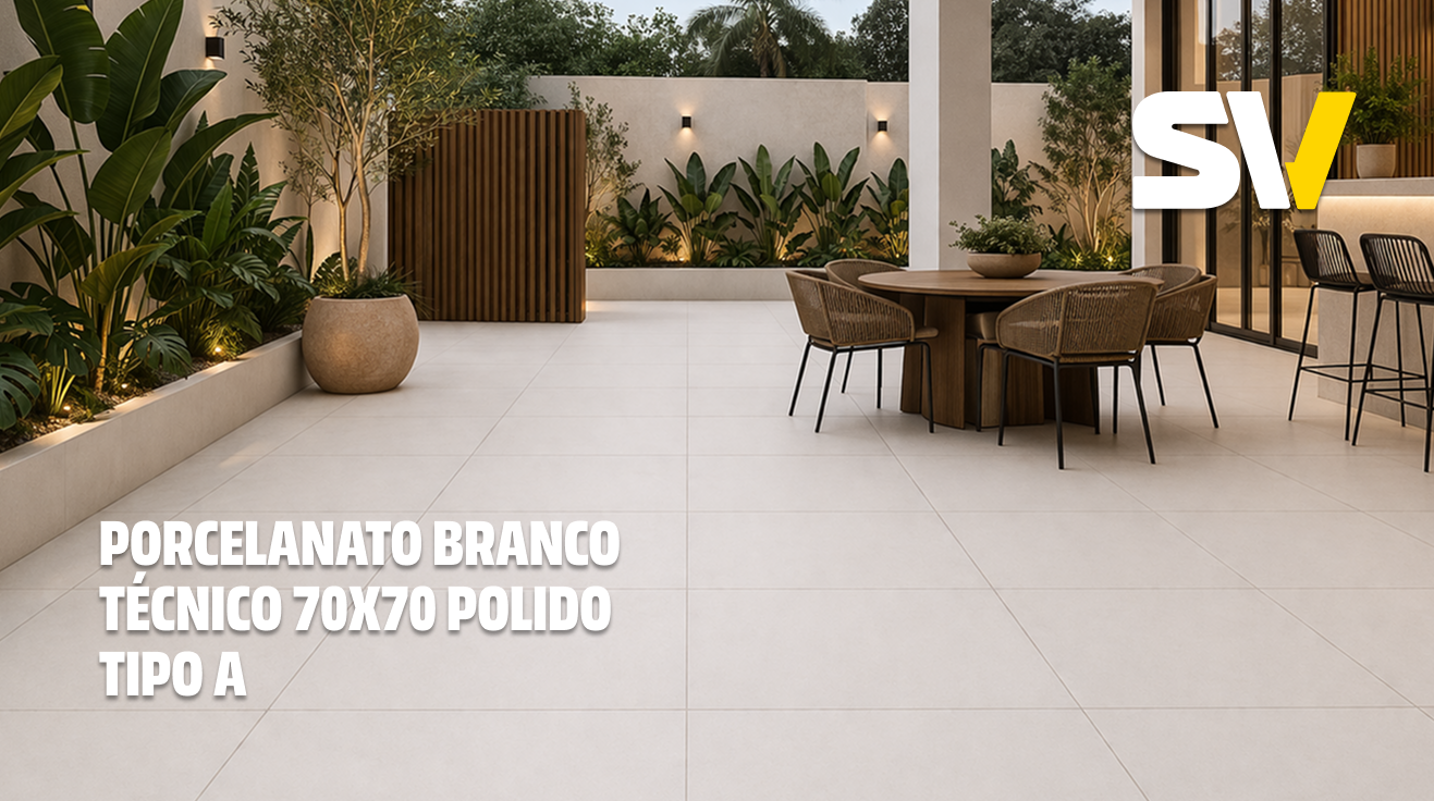 Varanda moderna com piso de porcelanato branco, móveis de mesa redonda e cadeiras de fibra, paredes com iluminação embutida, plantas em vasos e vista para jardim.