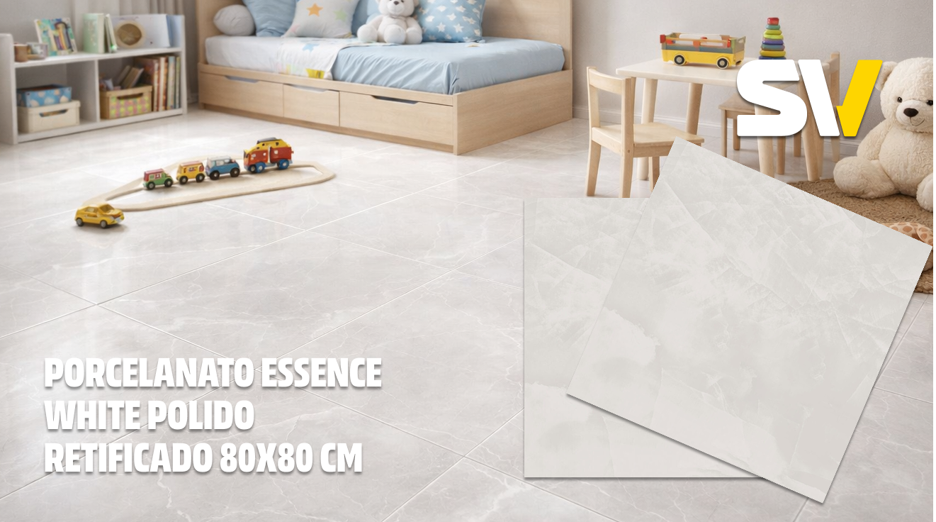 Quartos de criança com piso de porcelanato branco polido, uma cama com travesseiros e brinquedos ao lado, uma estante com brinquedos e livros, e uma mesa com cadeiras.