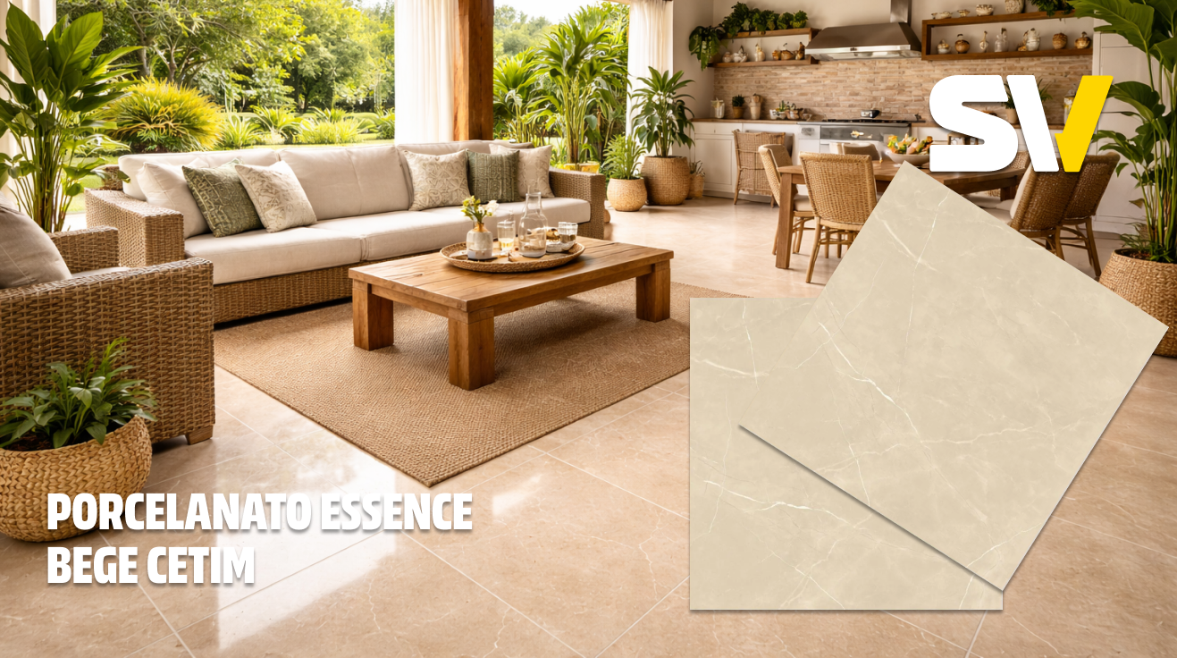 Sala de estar com móveis de vime, almofadas, tapete, janelas com vista para jardim, na frente uma mesa de centro de madeira com decorações. Ao fundo, cozinha com penteadeira de mármore bege e móveis brancos, decorada com plantas. Imagem de porcelanato bege com efeito de mármore, marca Porcelanato Essence, linha Beige Cetim.