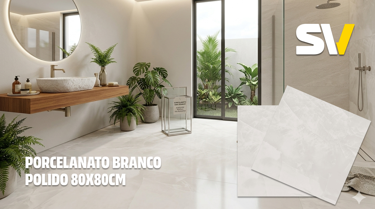 Banheiro com piso de porcelanato branco polido de 80x80cm, plantas decorativas e espelho redondo na parede.