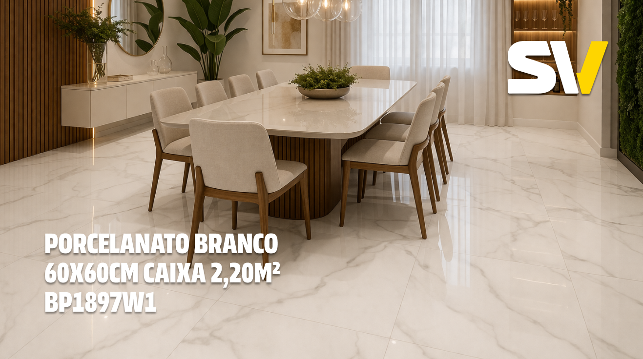 Sala de jantar com piso de porcelanato branco com veios cinzas, mesa retangular branca com cadeiras estofadas em bege e estrutura de madeira, cachepô com planta no centro da mesa, buffet branco na parede ao fundo, cortina branca na janela e decoração moderna com quadros, plantas verdes e iluminação suave.