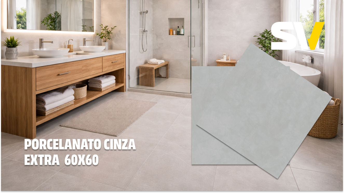 Banheiro com piso de porcelanato cinza extra 60x60, pia dupla de madeira, espelho com iluminação, banho com porta de vidro, banheira, plantas e janelas com cortinas claras.