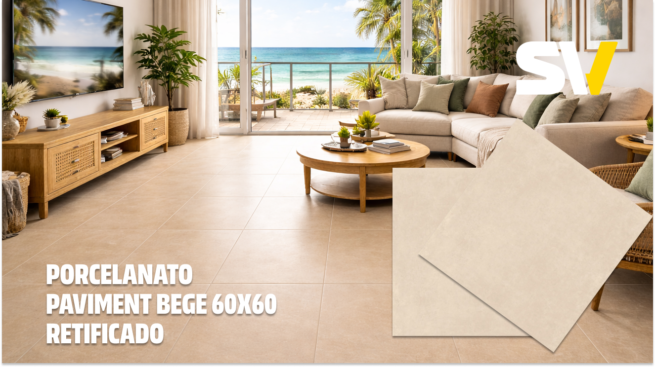 Sala de estar com piso de porcelanato bege 60x60, vista para o mar, com sofá, mesa de centro, televisão, plantas decorativas e varanda ao fundo.
