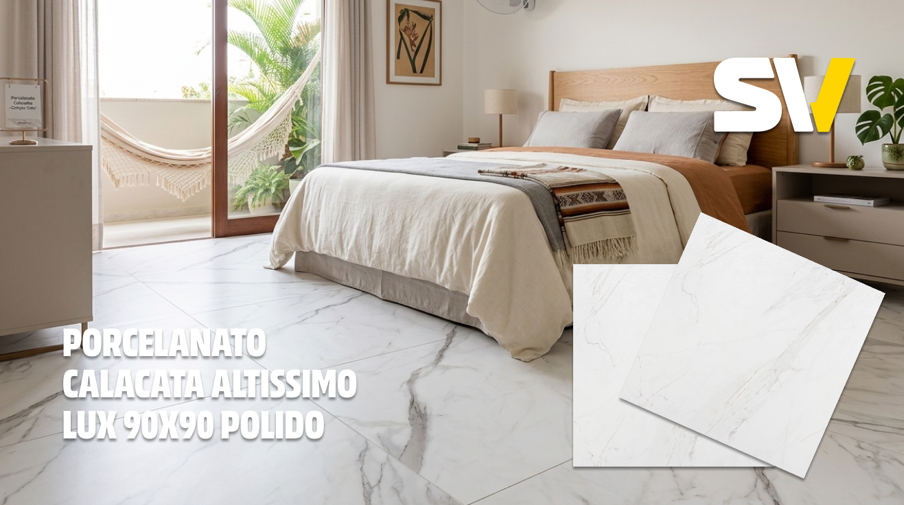 Quarto com piso de porcelanato branco com veios cinza, vista através de janelas com cortinas brancas e rede, decoração pacífica com plantas e obras de arte.