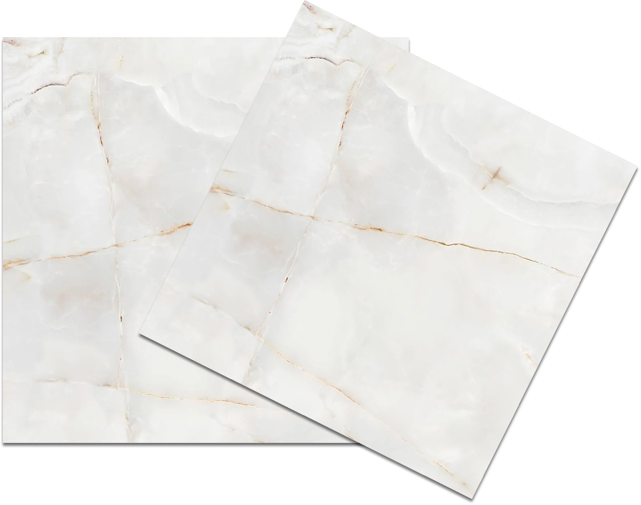 Duas amostras de mármore branco com veios cinza e marrom, uma sobre a outra, com uma folha de papel parcialmente cobrindo-as, e um fundo de gradiente colorido do azul ao dourado.