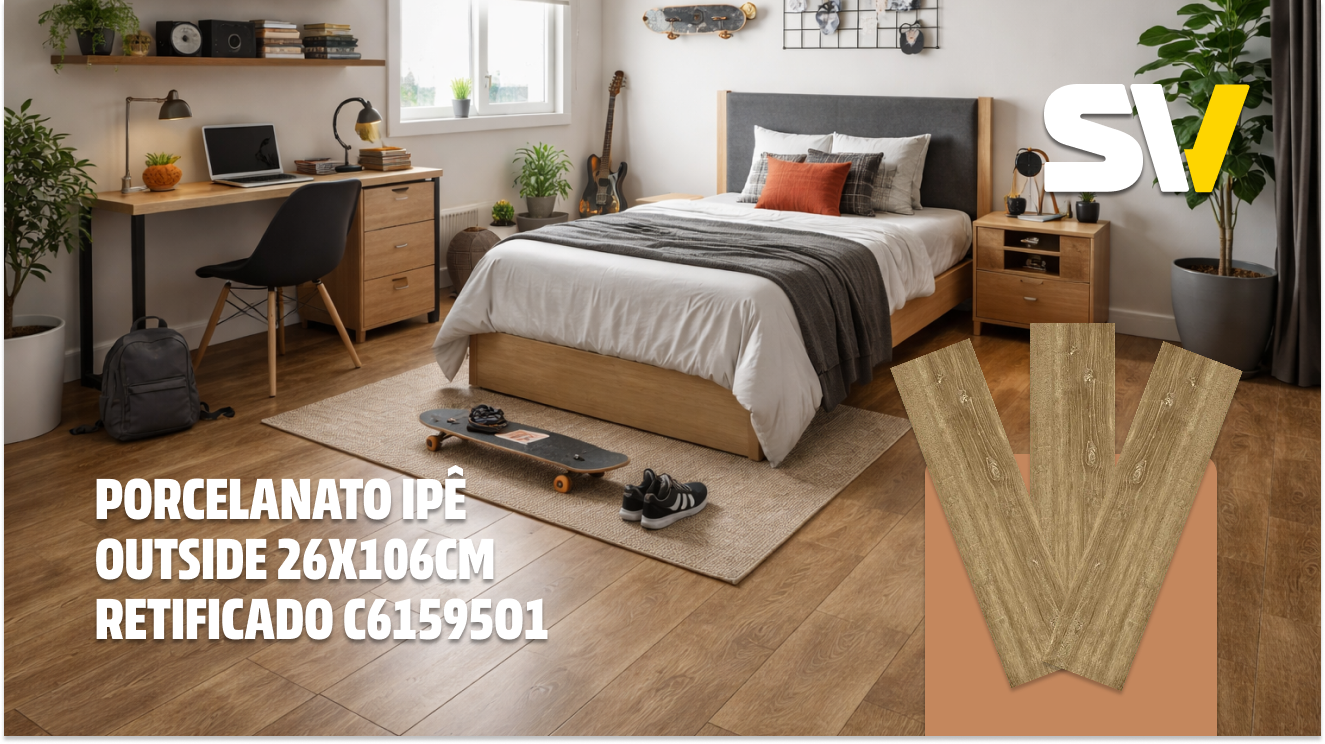 Imagem de um quarto moderno com cama de casal, parede decorada com pranchas de skate, e piso de porcelanato de madeira. Há uma escrivaninha com cadeira, prateleira com livros, plantas e um violão ao fundo. Texto na imagem informa detalhes do porcelanato: 26x106cm, retificado, código C615901.