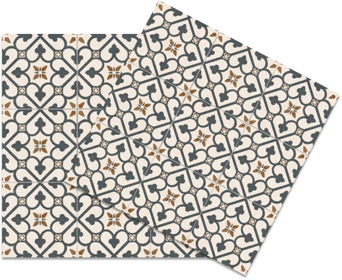 Detalhe de mosaico de azulejos com padrão geométrico em cores preto, branco e marrom.