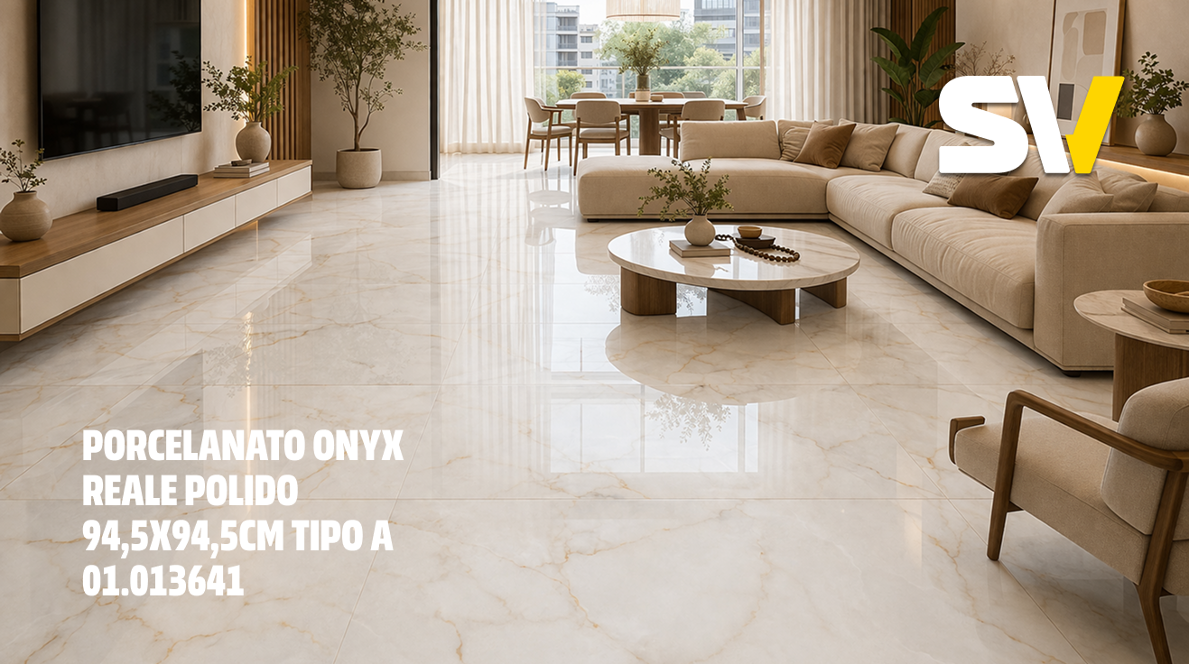 Imagem de uma sala de estar com piso de porcelanato na cor creme com veios dourados, móveis em tons neutros, uma grande janela de vidro, e decoração com plantas.