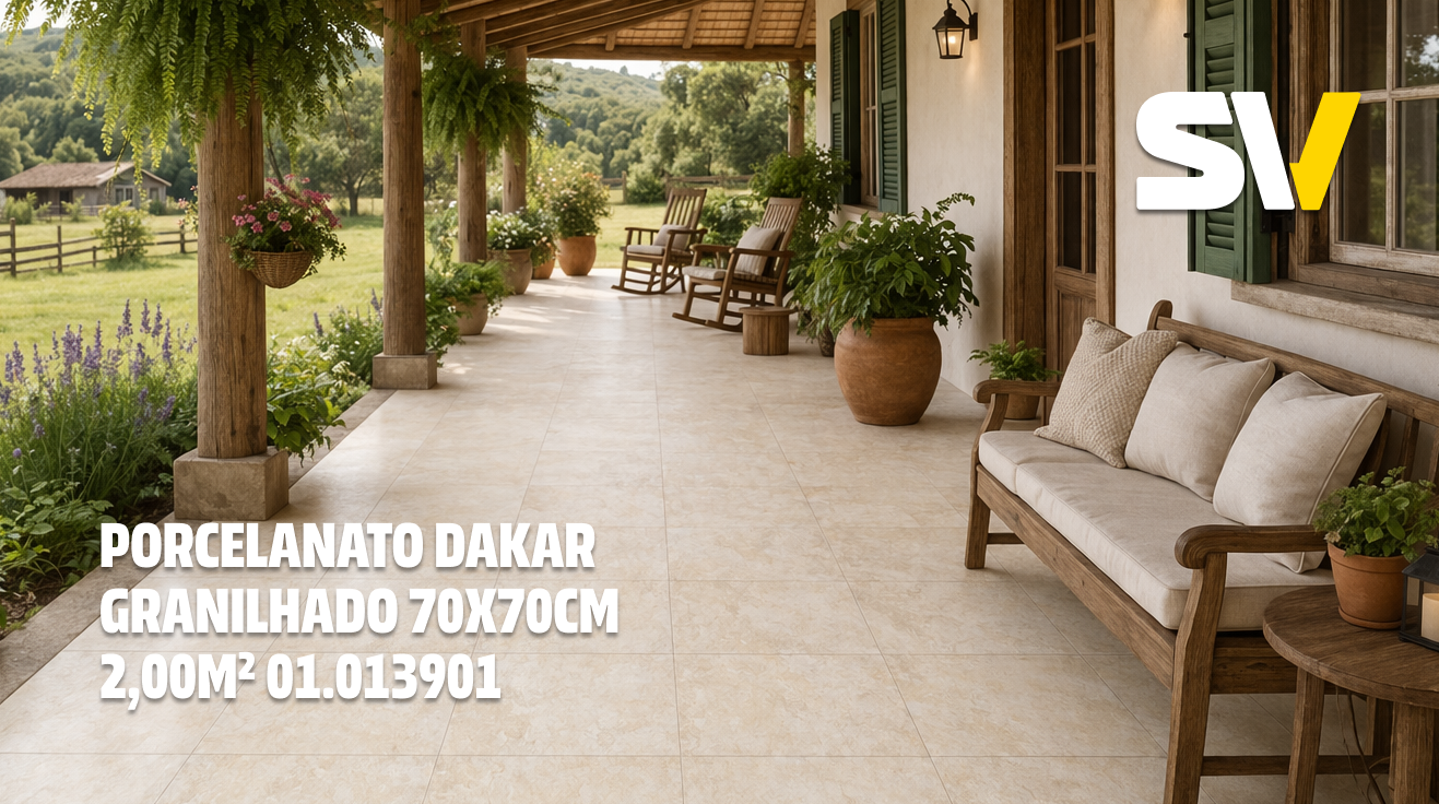 Varanda com piso de porcelanato bege, móveis de madeira, cadeiras de balanço e plantas em vasos de terracota, vista para um campo verde e árvores ao fundo.