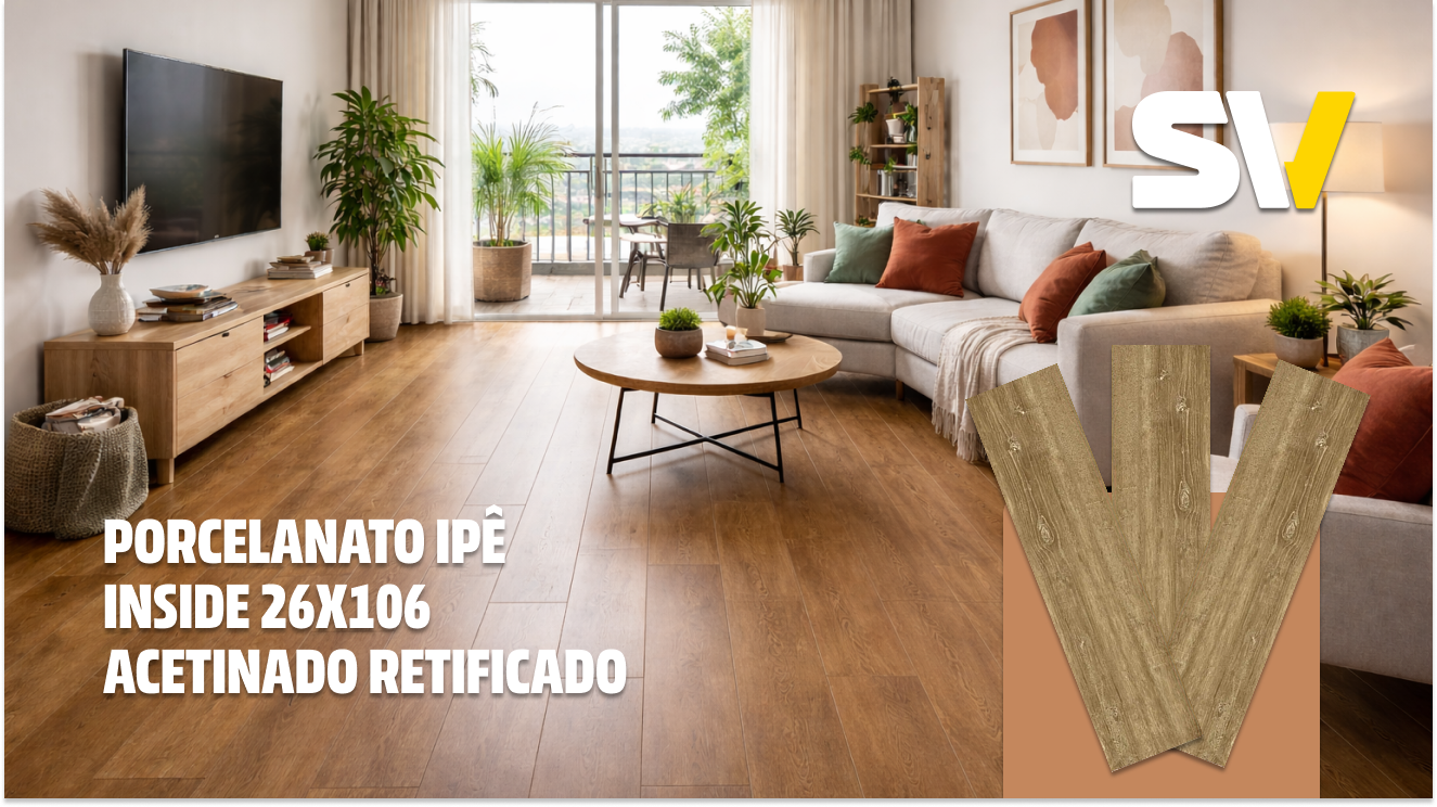 Sala de estar com piso de porcelanato IPÊ, que mede 26x106 cm, acetinada e retificada, com móveis de madeira, sofá cinza com almofadas coloridas e várias plantas decorativas, além de uma varanda ao fundo com mesa e cadeiras.