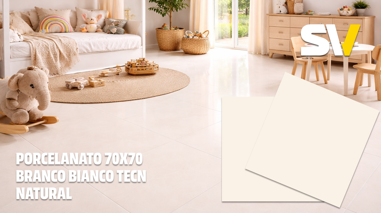 Imagem de uma sala de estar iluminada com piso de porcelanato branco, cômoda de madeira clara, mesa com cadeiras, pufs de vime, plantas, brinquedos infantis e cortinas claras, decorada de forma aconchegante e moderna.