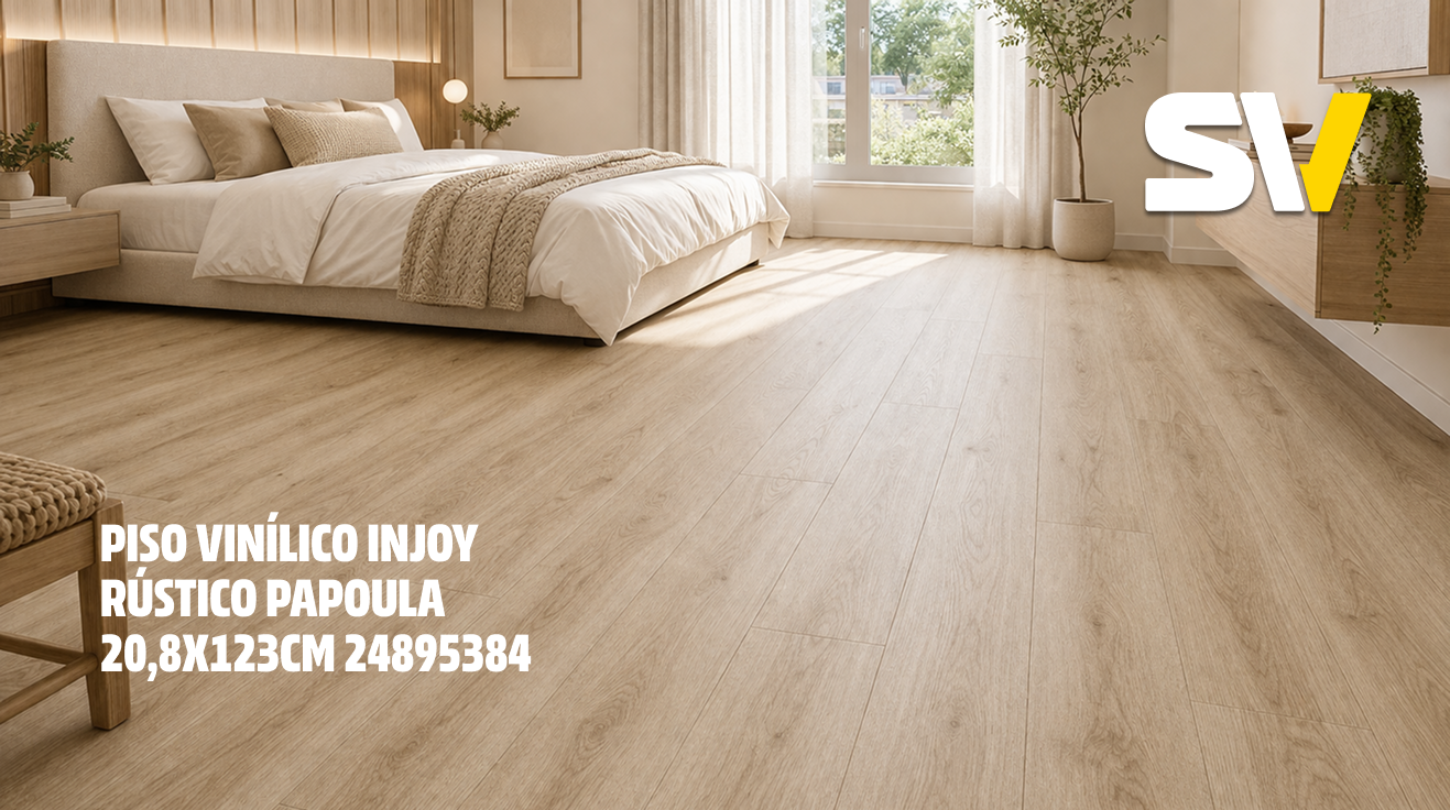 Quarto com piso vinílico claro, cama de casal, iluminação natural e plantas decorativas.