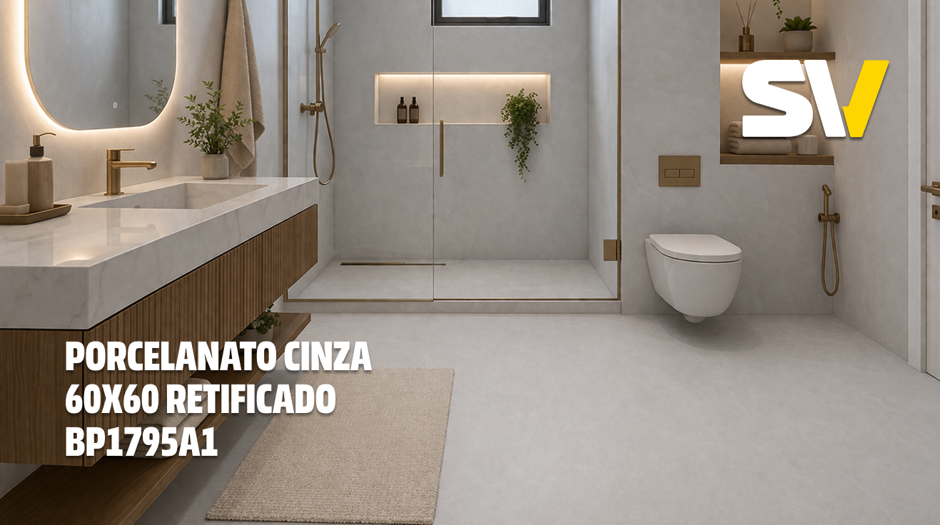 Banheiro moderno com piso e paredes de porcelanato cinza opaco, pia com bancada de mármore branco e gabinete de madeira, espelho com iluminação LED, ducha na parede com vidro de box e vaso sanitário suspenso, prateleiras com plantas e toalhas