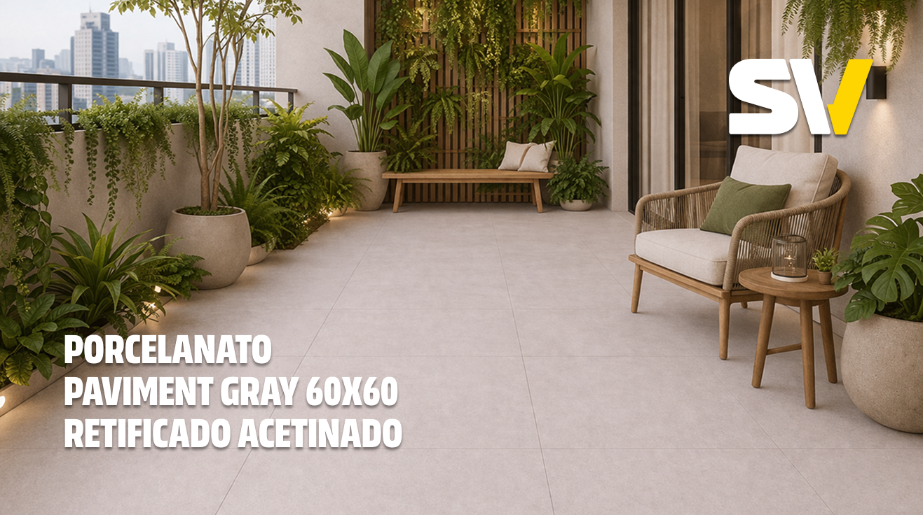 Varanda com piso Cinza, decorada com muitas plantas grandes e pequenas em vasos. Há um banco de madeira com almofada branca no fundo, e uma poltrona de madeira com capa branca e almofada verde ao lado. A varanda tem vista para prédios de cidade.