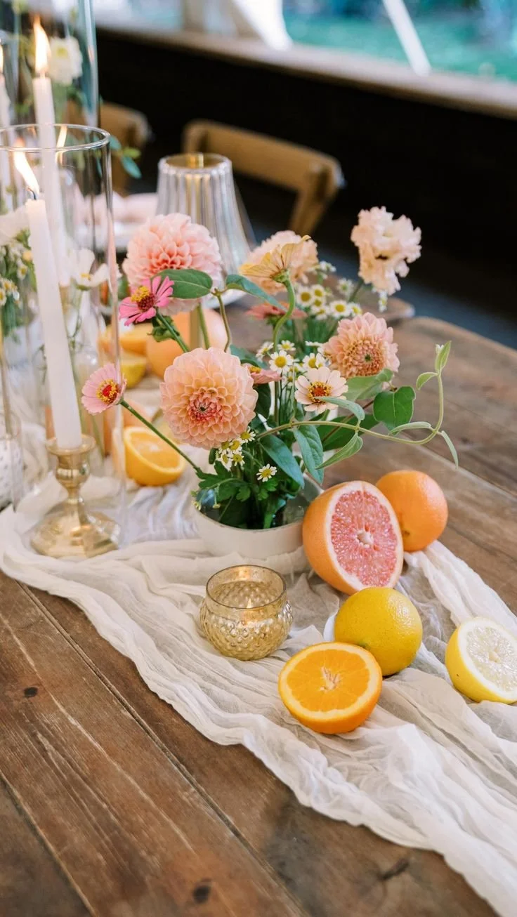 Centre de table de mariage estival avec des citrons et oranges coupés, des dahlias roses et un chemin de table en gaze de coton blanc