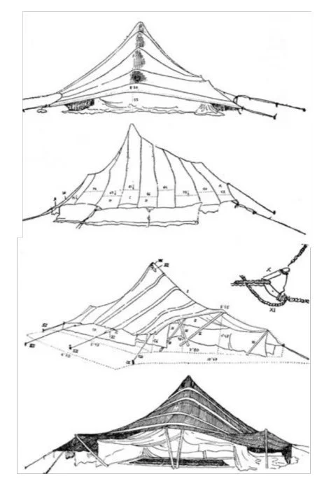 Technical drawings of a bedouin tent, showing various views and construction details.
