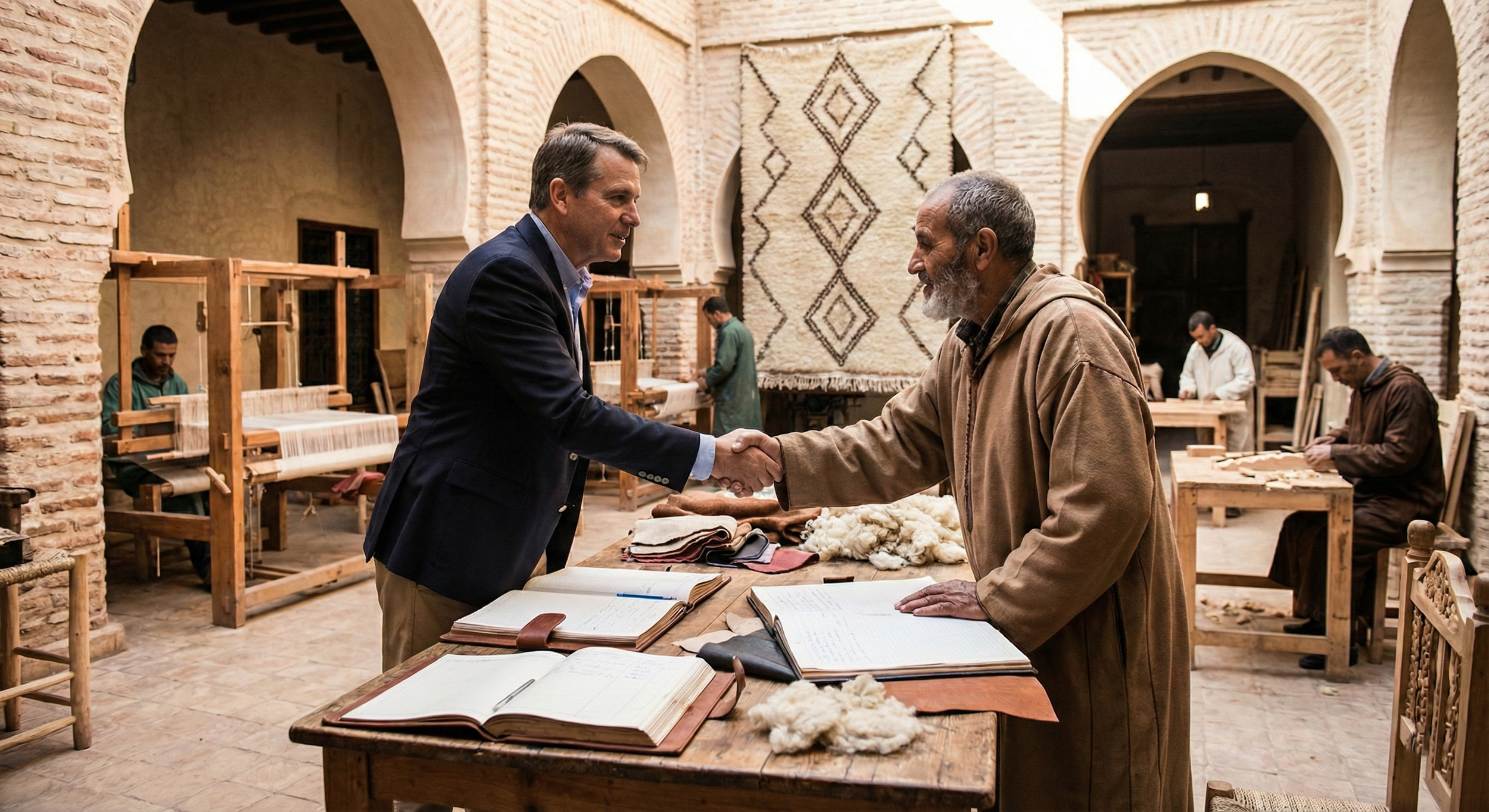 a wholesaler shaking hand with a moroccan artisan after they made their business agreement