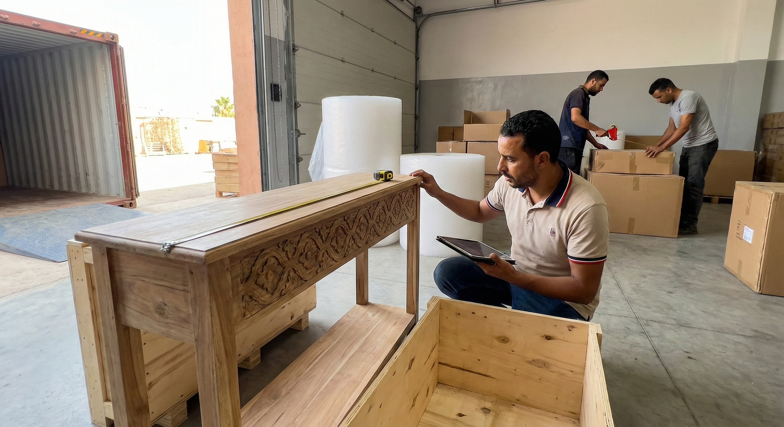 A Moroccan Sourcing agent measuring a wooden chest before packing it
