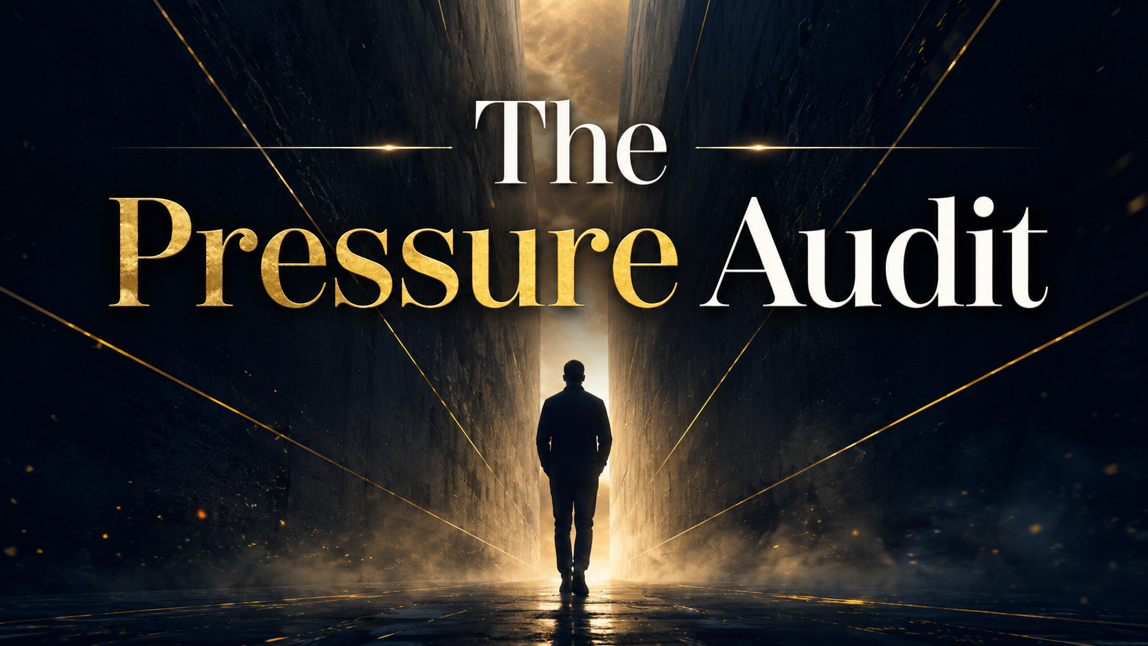 The Pressure Audit by Sage Breed & Associates showing a person walking through a dark gold-lit corridor, representing performance under pressure, discipline, ownership, and personal growth.