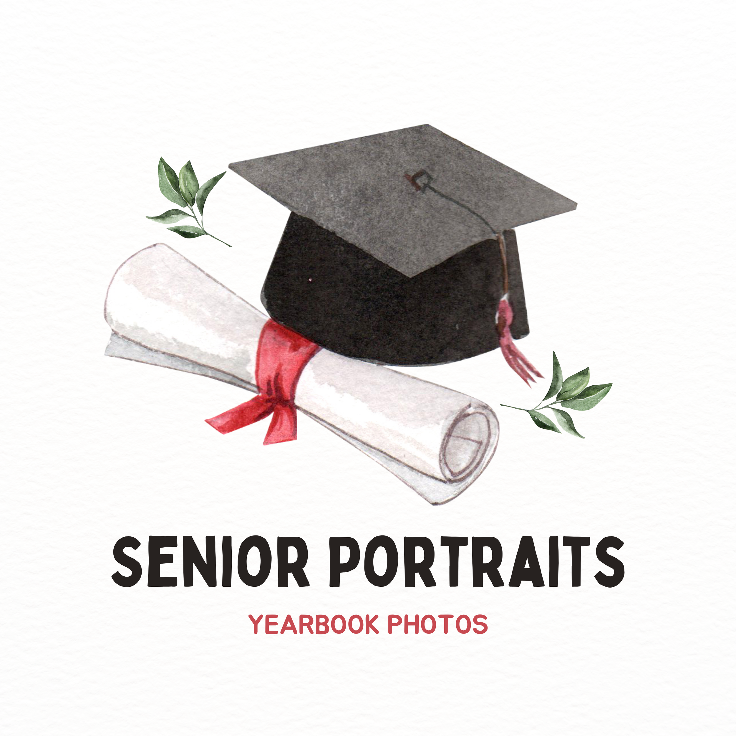 Cover page of a yearbook with a graduation cap, green leaves, and a diploma scroll. Text reads: 'Senior Portraits Yearbook Photos'.