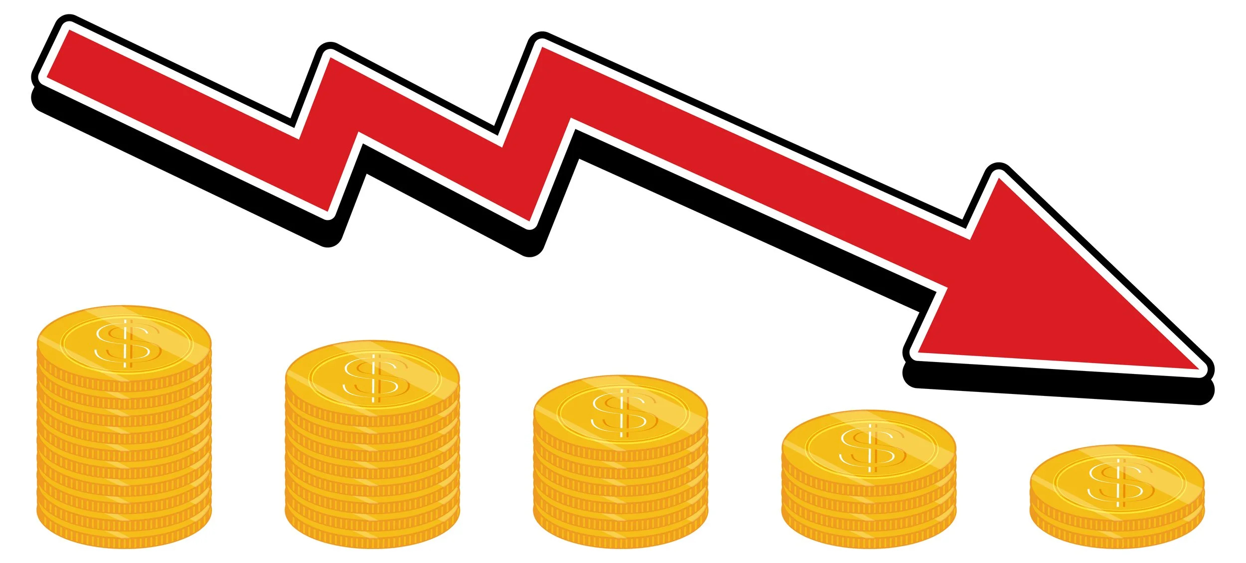 Red arrow going down with coins
