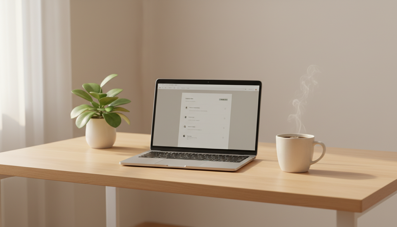 An open laptop with a plant next to it on top of a brown desk