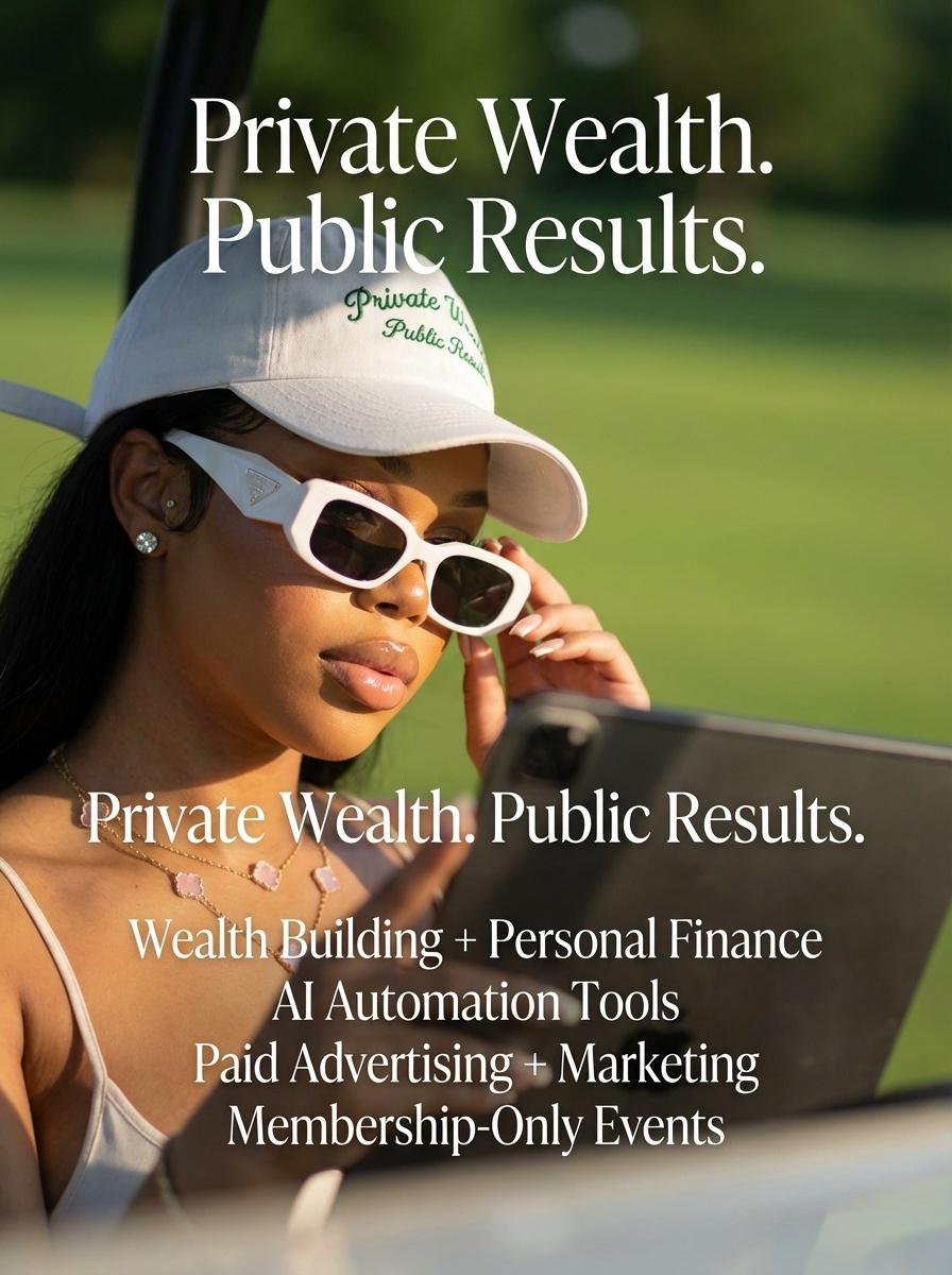 A black woman sitting on a golf cart reading on a tablet that is in her hand with the golf course in the background