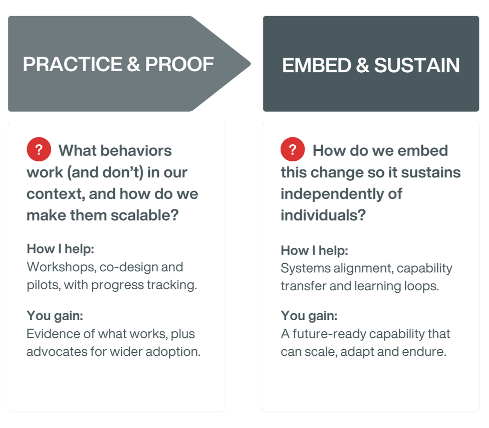 Comparison chart with two sections titled 'Practice & Proof' and 'Embed & Sustain.' The 'Practice & Proof' section discusses behaviors and making them scalable, with help through workshops and pilots, and gaining evidence and advocates. The 'Embed & Sustain' section addresses how to sustain change independently of individuals, with help through systems alignment and learning loops, and gaining a future-ready capability.