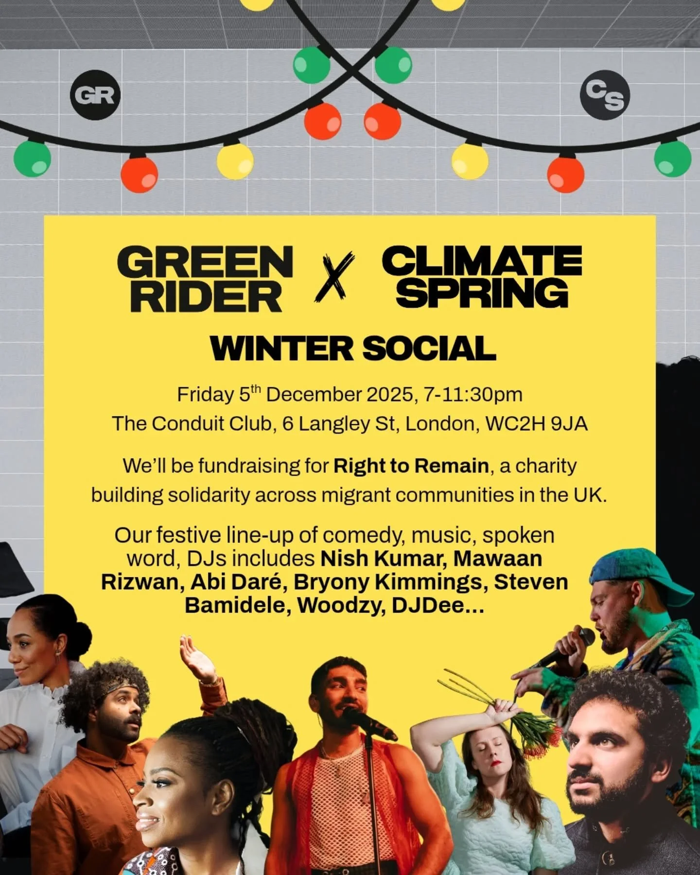 🎄 1 week to go 🎄 until our winter social with @climate__spring where we'll be fundraising for @right_to_remain! Expect to see dazzling sets from @mrnishkumar @mawaanr @bryonykimmings @stevenbamidele @woodzygram @abidare_author @tanyalorettadee 🪩✨?