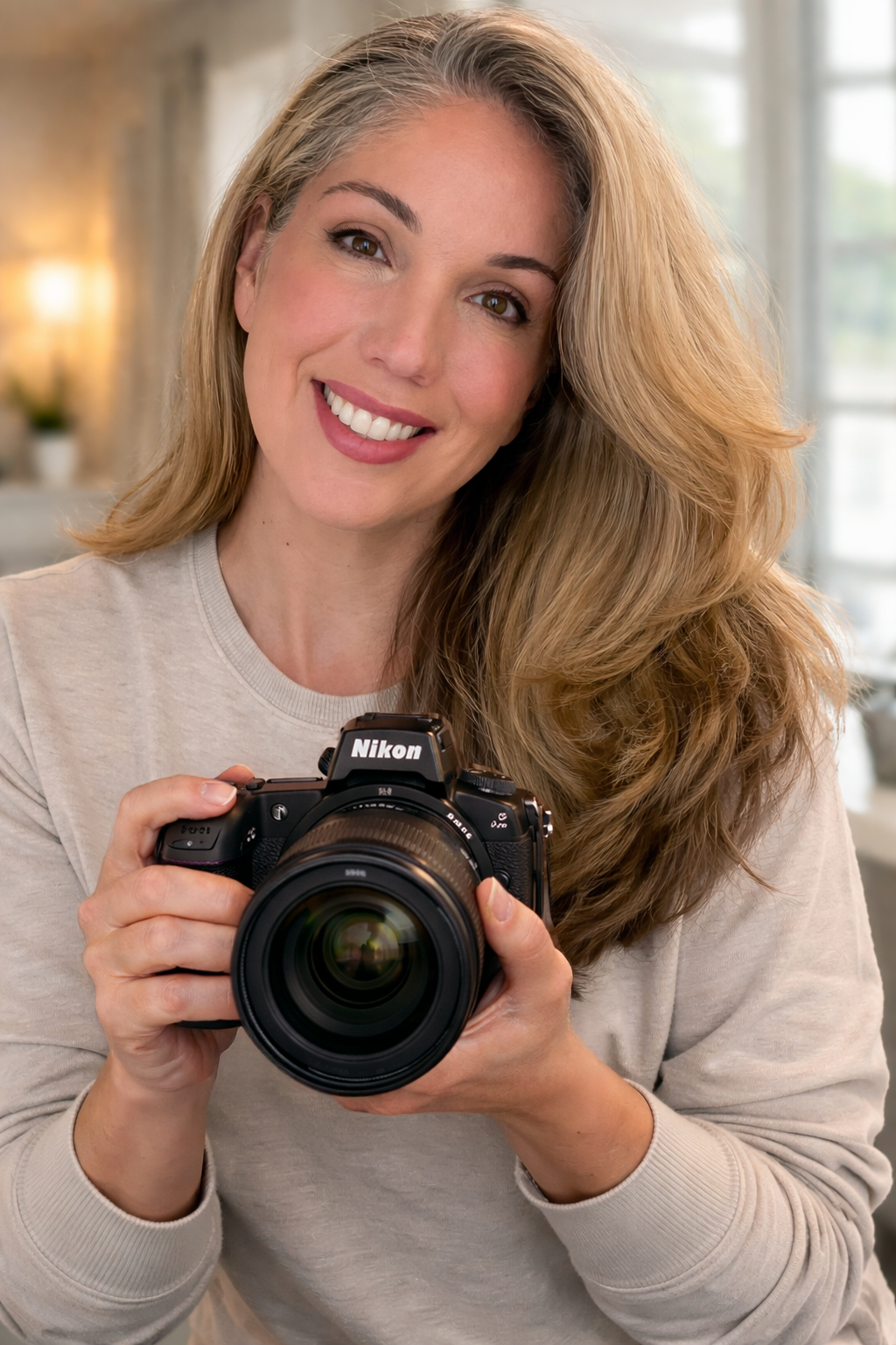 Mari Arnold headshot with a nikon camera