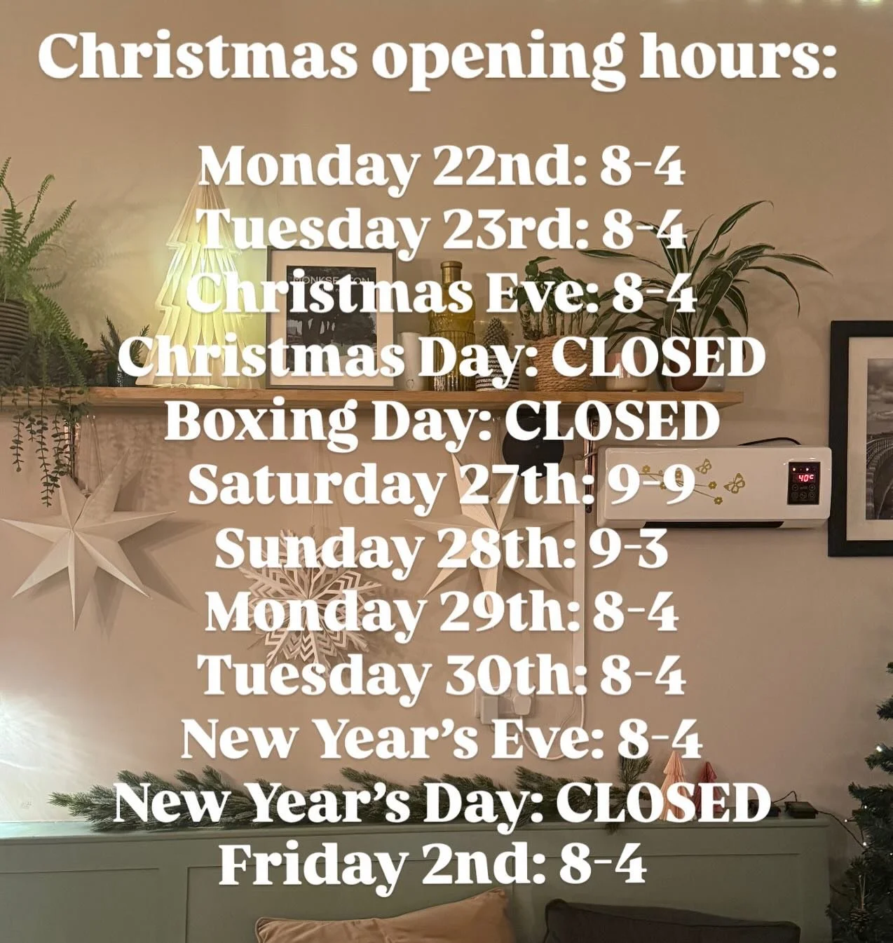 Our Christmas opening hours🎅🎄❄️☃️🤍

Ring us/ DM to book❤️