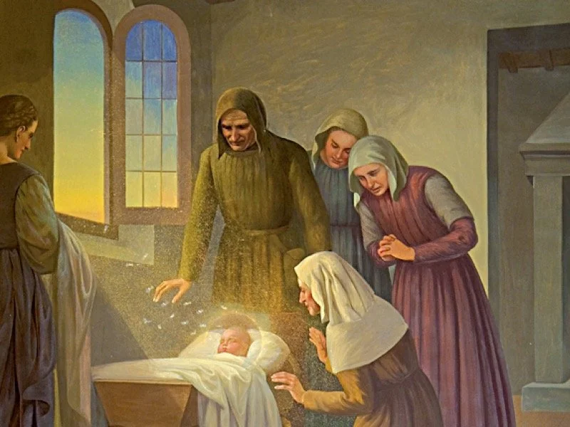 Saint Rita's first miracle occurred when she was still an infant. Left in a basket by her parents, little Rita was surrounded by a swarm of bees that brought honey into her mouth, leaving her unharmed.