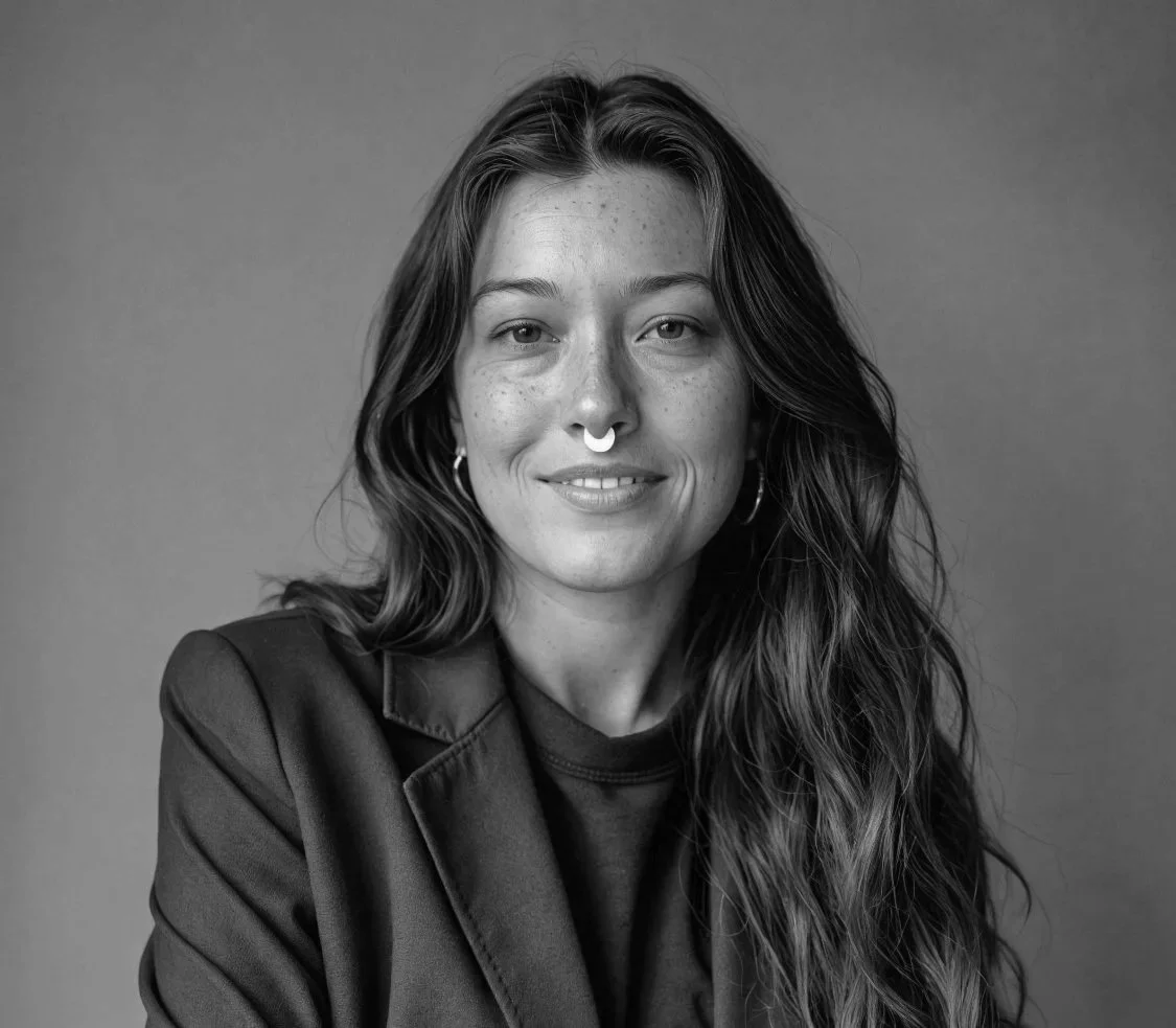 Woman with a round, freckled face and long, wavy brown hair, wearing a brown blazer over a black top, gold hoop earrings, and a gold septum ring, smiling softly against a warm beige background.