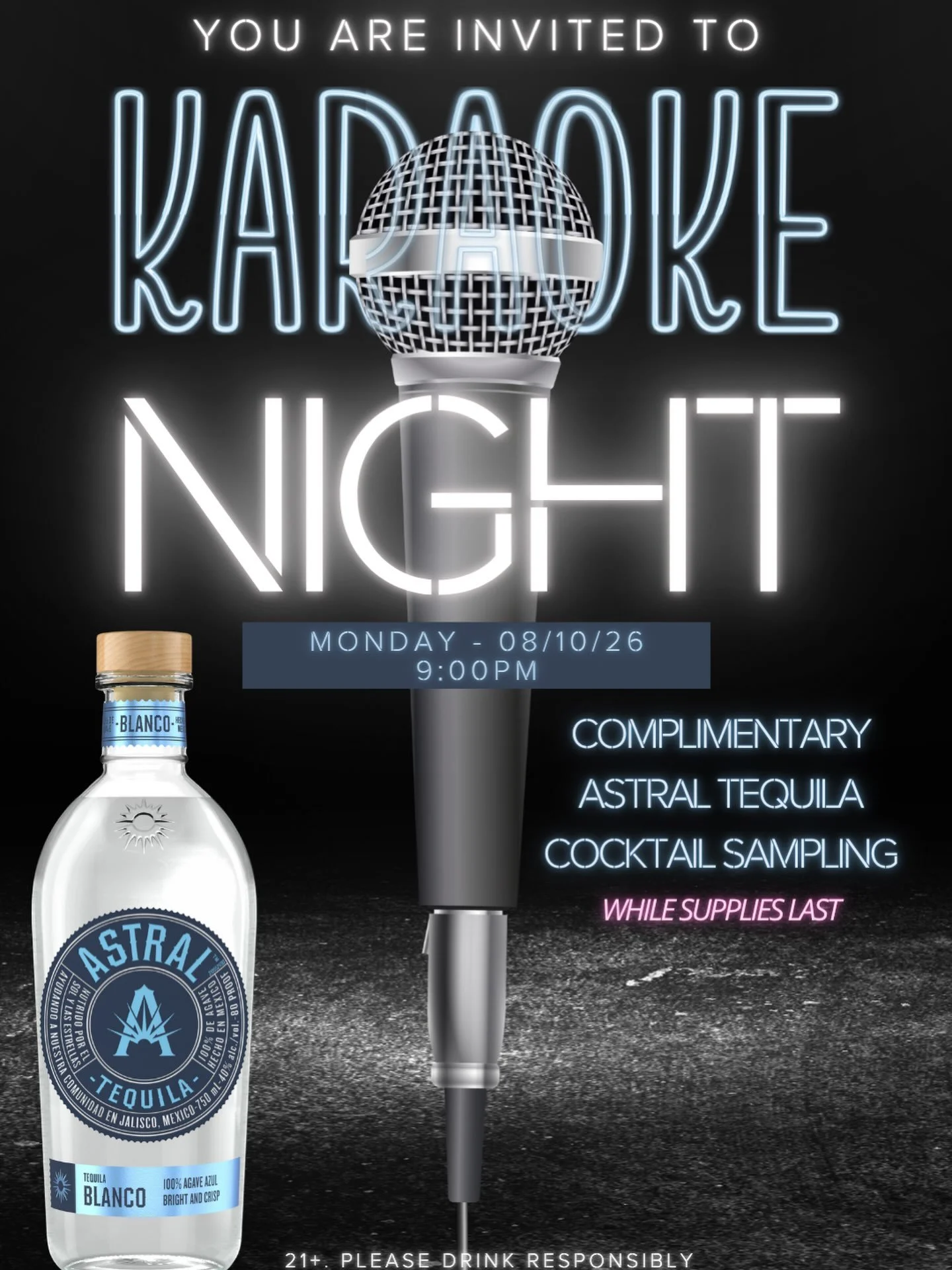 Extra extra special karaoke night coming this monday @ 9pm! Astral cocktail samplings while supplies last so get there early. Karaoke going from 9pm to midnight.