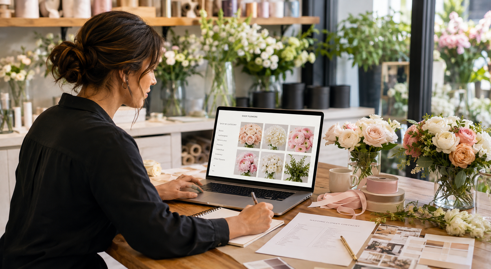A woman sitting at a wooden table in a flower shop, looking at a laptop displaying various flower arrangements, surrounded by bouquets and ribbons.
