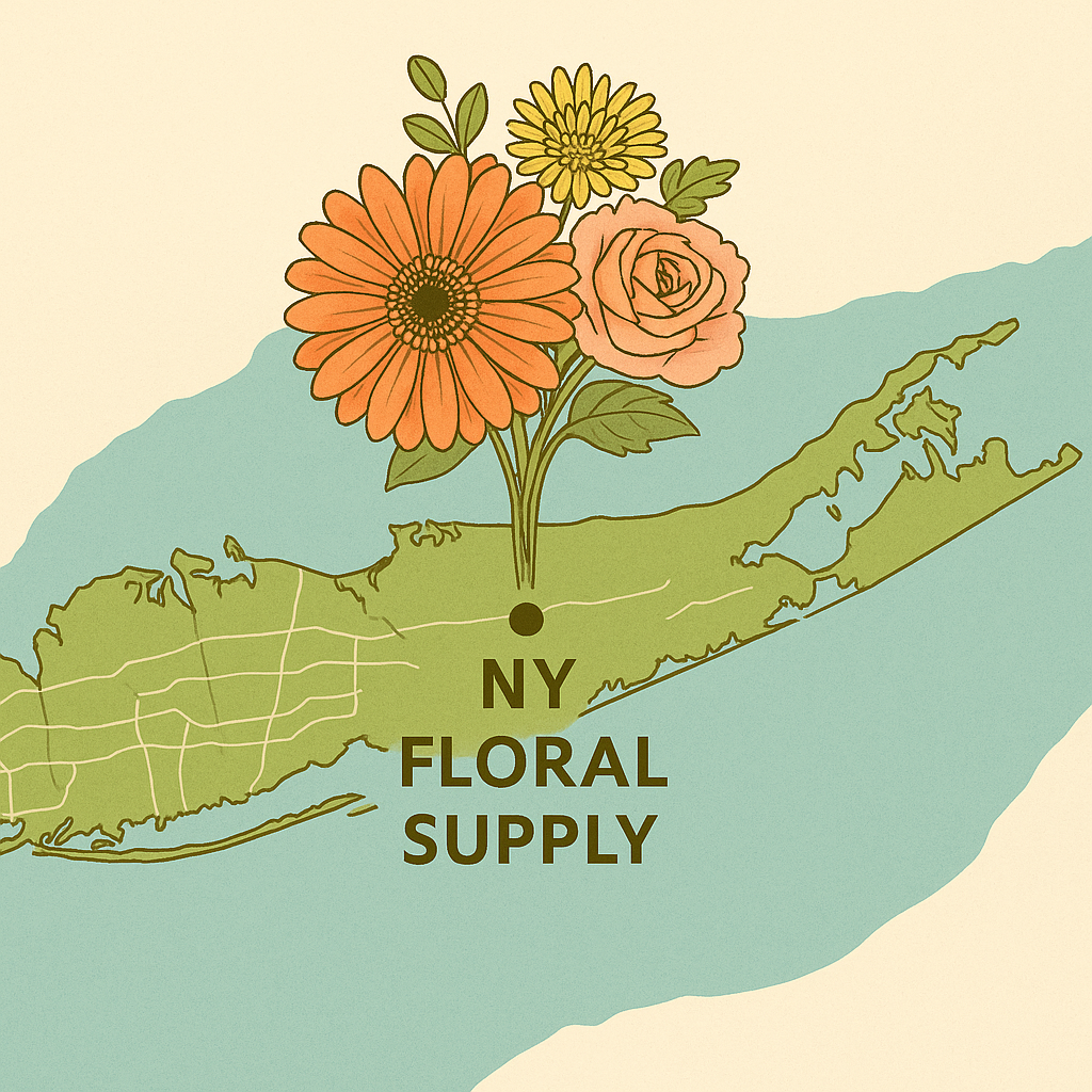 Illustration of a map of New York with flowers emerging from the area labeled NY Floral Supply.