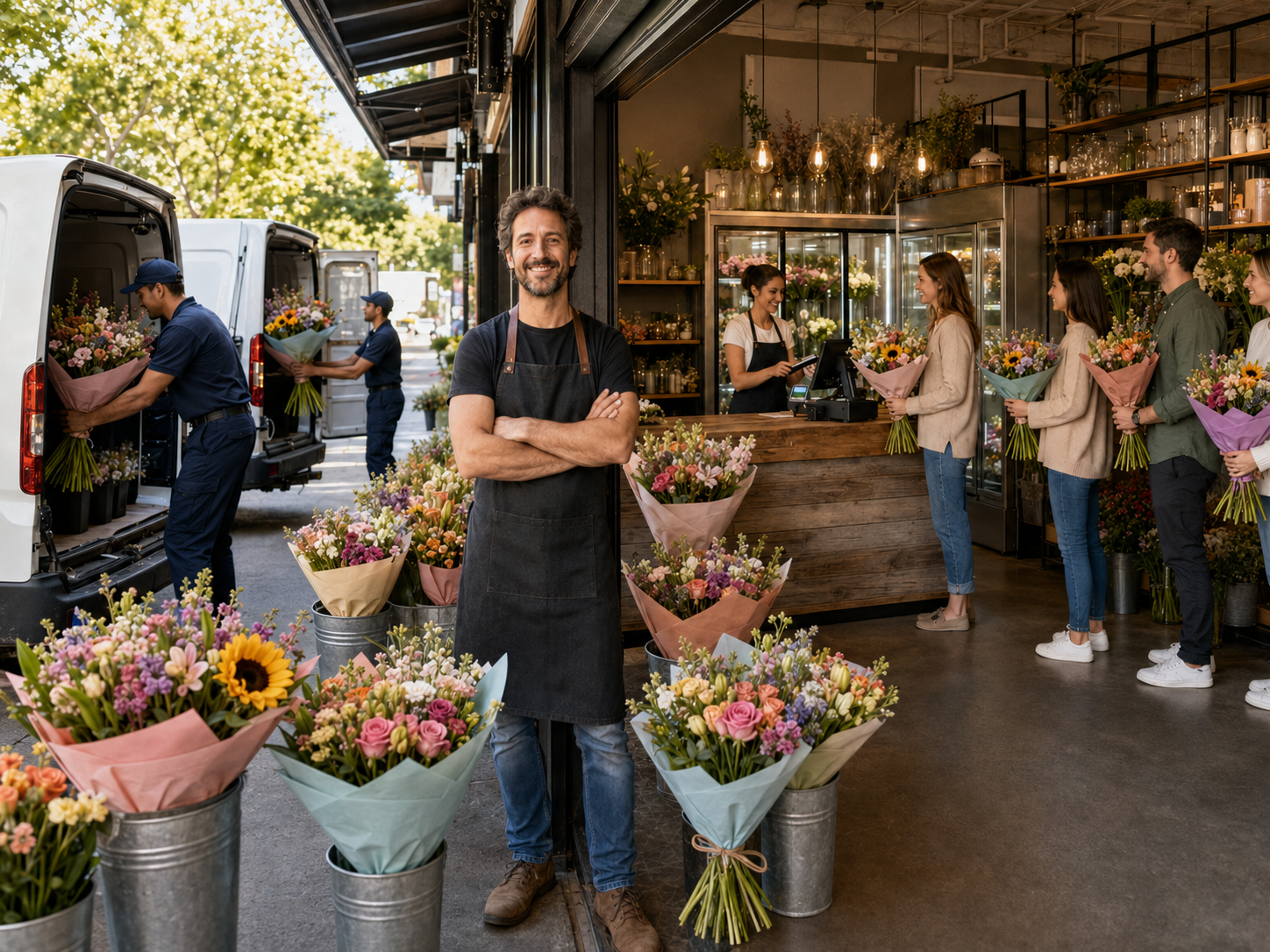 Man standing with arms crossed in front of a flower shop with people buying flowers and workers unloading flower bouquets from delivery vans.