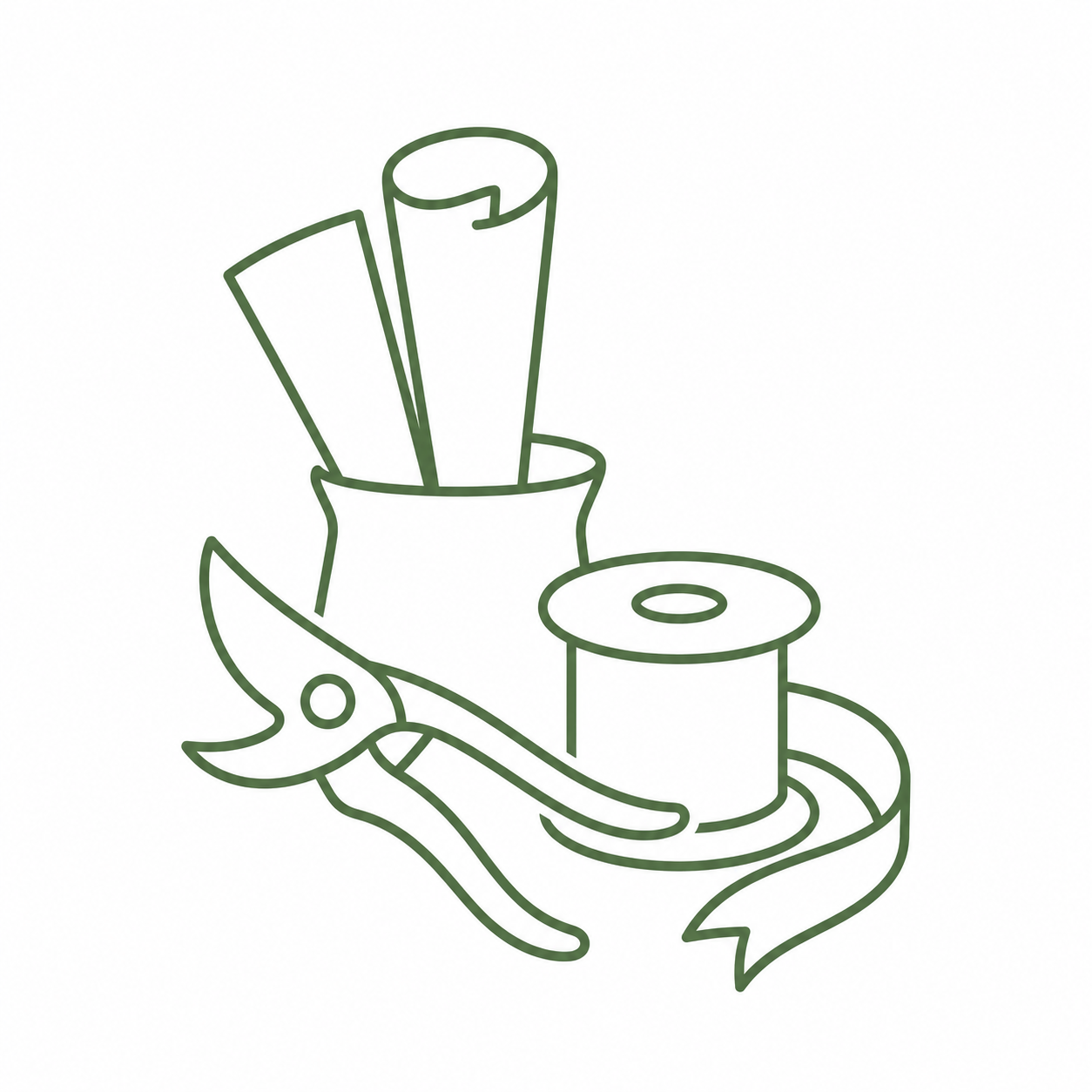 Line drawing of a vase with rolled paper or fabric, a pair of scissors, a spool of thread, and a ribbon