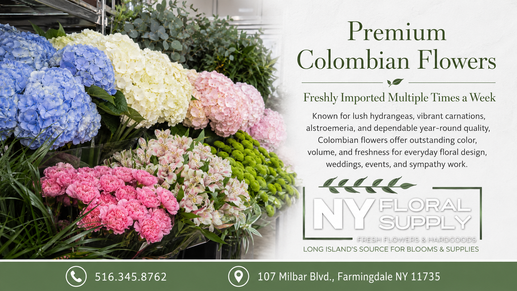 Display of colorful hydrangea flowers and other floral arrangements at NY Floral Supply shop, with text promoting premium Colombian flowers, including fresh, vibrant, and high-quality blooms for events, weddings, and floral design.
