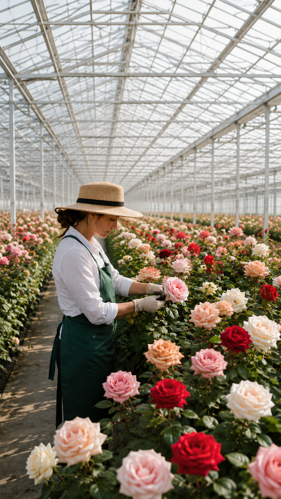 A woman wearing a wide-brimmed hat, white shirt, and green apron working in a greenhouse filled with pink, red, and white roses.