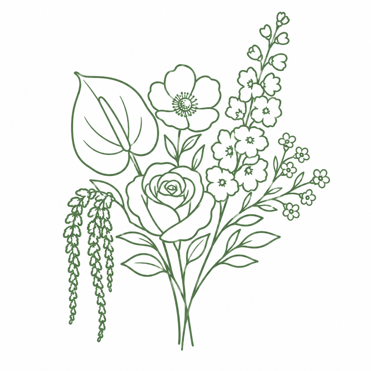 Line drawing of a bouquet of flowers including a rose, poppy, foxglove, and other small flowers and leaves.