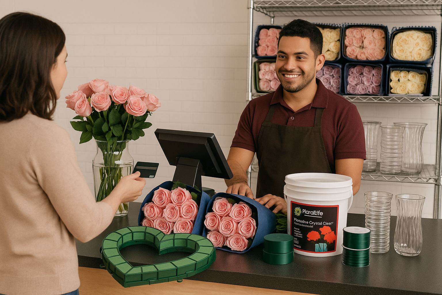 A woman paying for pink roses at a flower shop counter where a smiling clerk is preparing the flowers.
