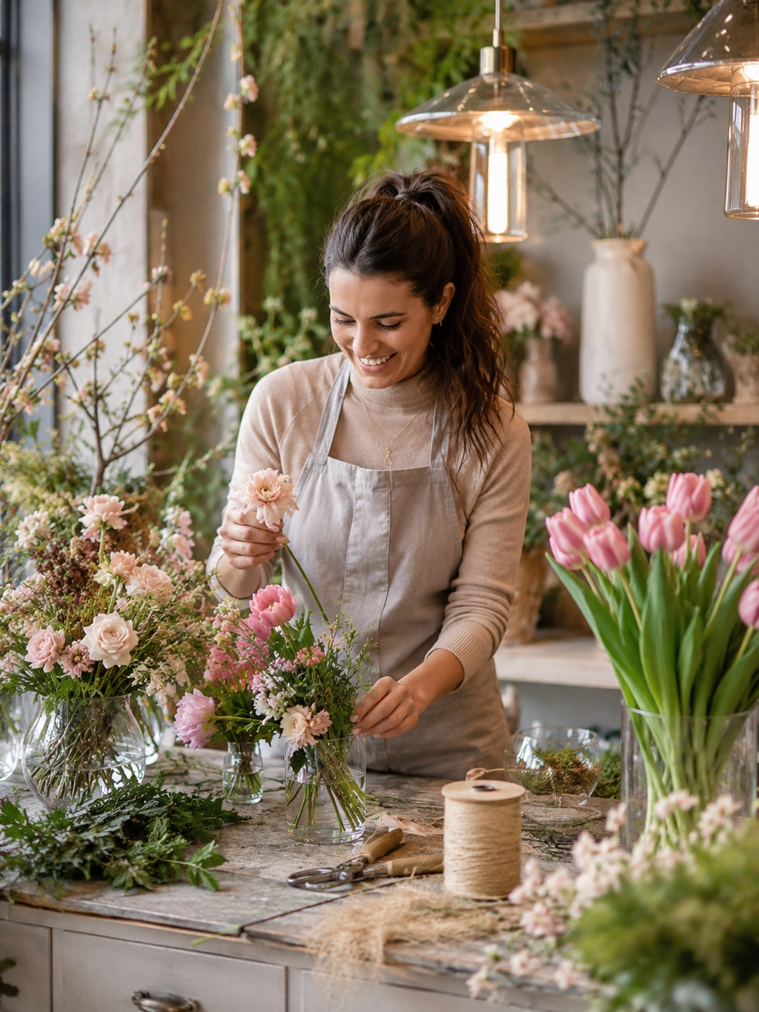A woman arranging pink and white flowers in glass vases at a flower shop or studio, surrounded by various floral arrangements and workspace tools.