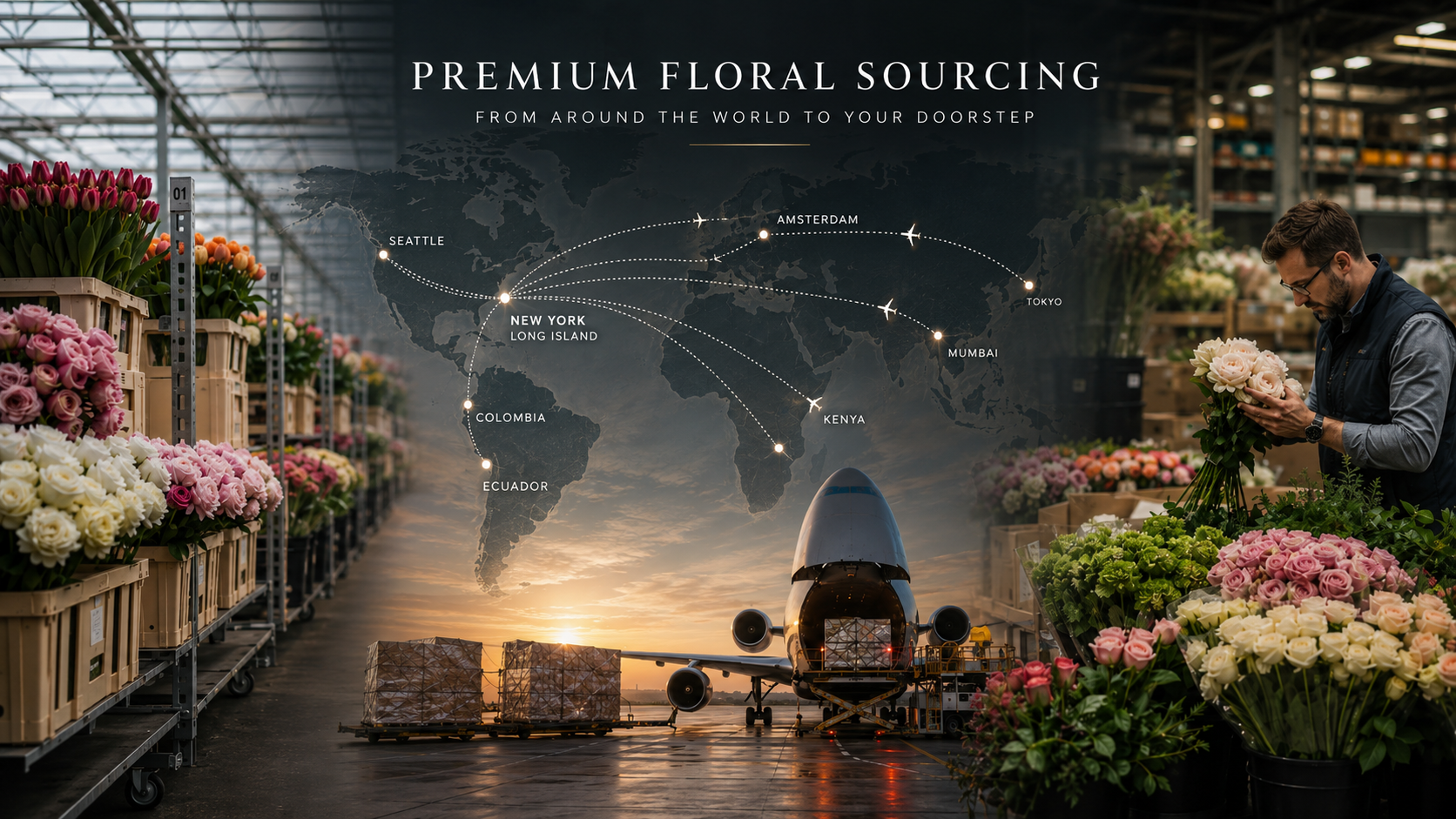 A flower shop with shelves of colorful flowers, a worker inspecting a bouquet, a large airplane at the airport, and a world map overlay with flight paths connecting global cities.