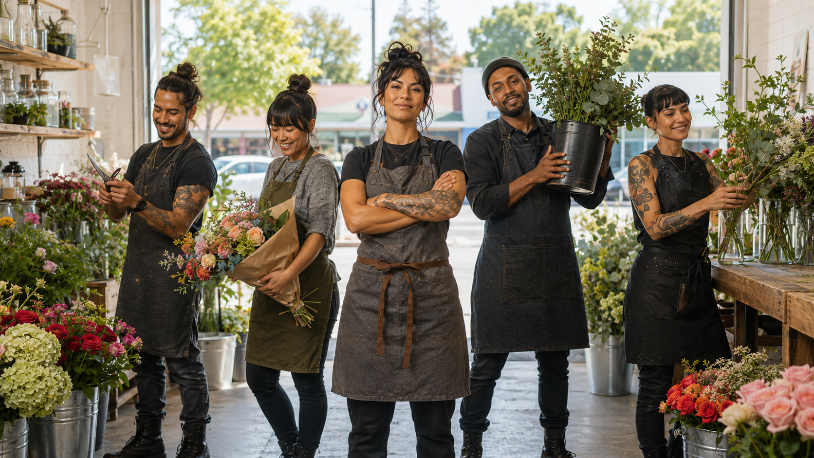 Group of five diverse floral shop workers standing inside a flower shop, smiling, with flower arrangements and plants on shelves and tables around them, and a large window in the background showing trees and a street.
