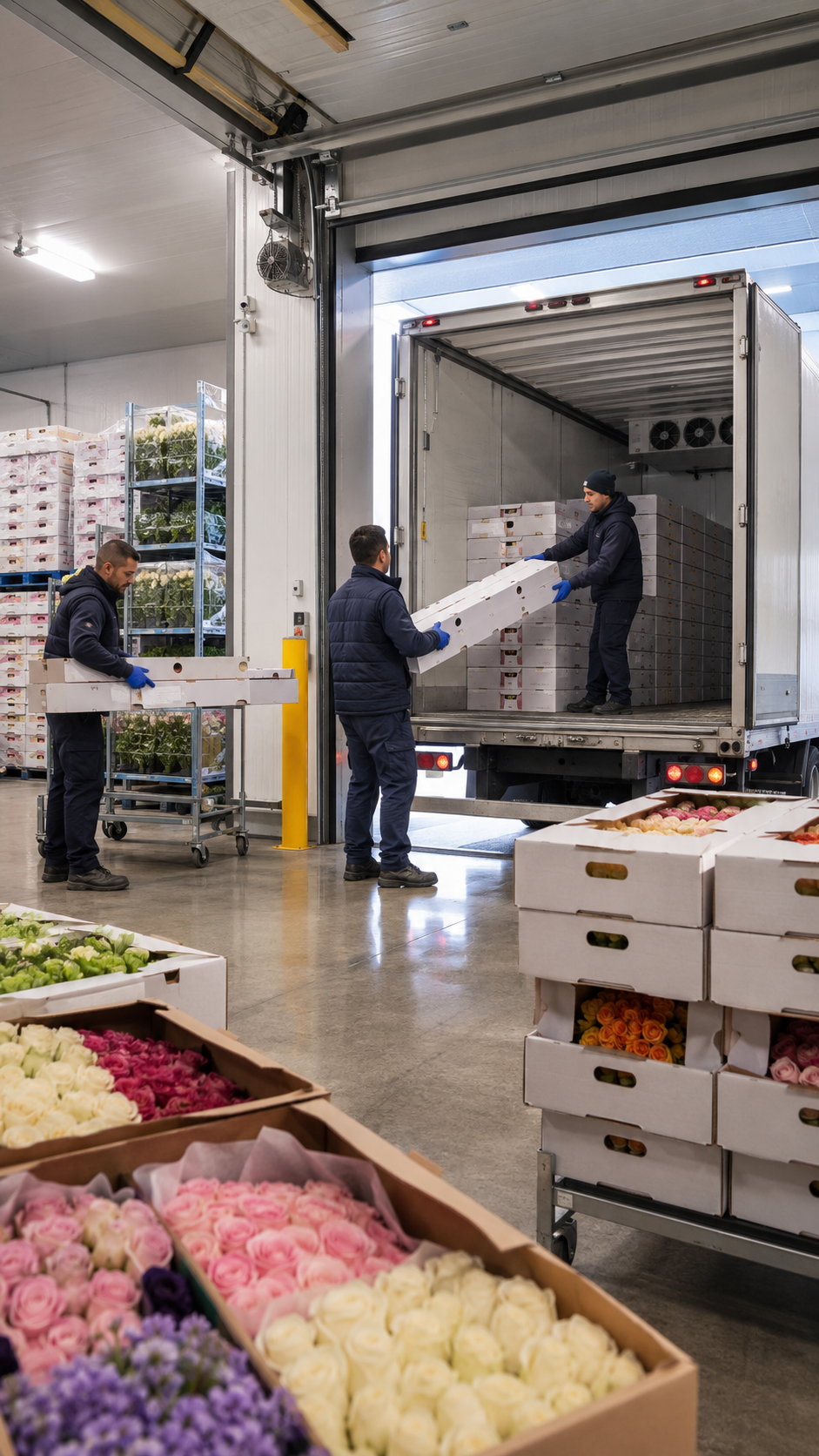 Workers loading boxes of flowers into a delivery truck inside a warehouse with shelves of flowers around.