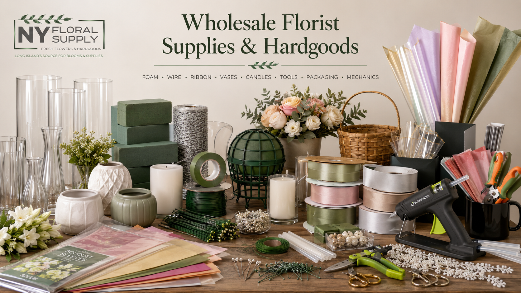 A display of floral arrangement supplies including vases, candles, ribbon, and wrapping paper, with tools like scissors, hot glue gun, and pins on a wooden table.
