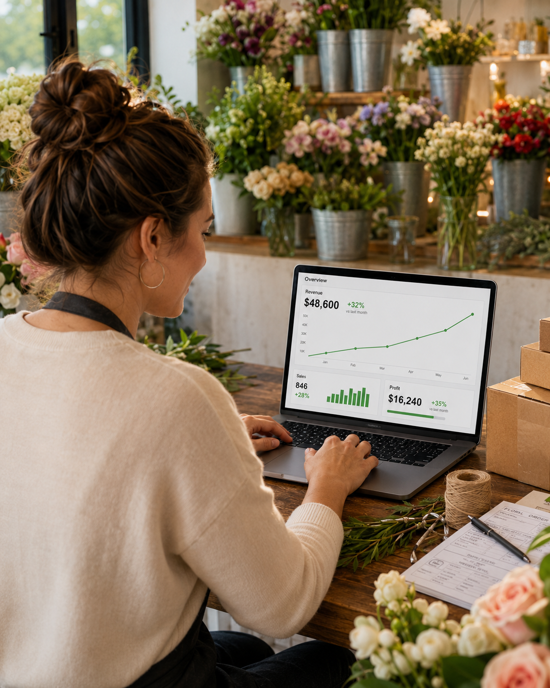 A woman working on a laptop in a flower shop, analyzing sales and revenue data on the screen, surrounded by various potted flowers and floral arrangements.